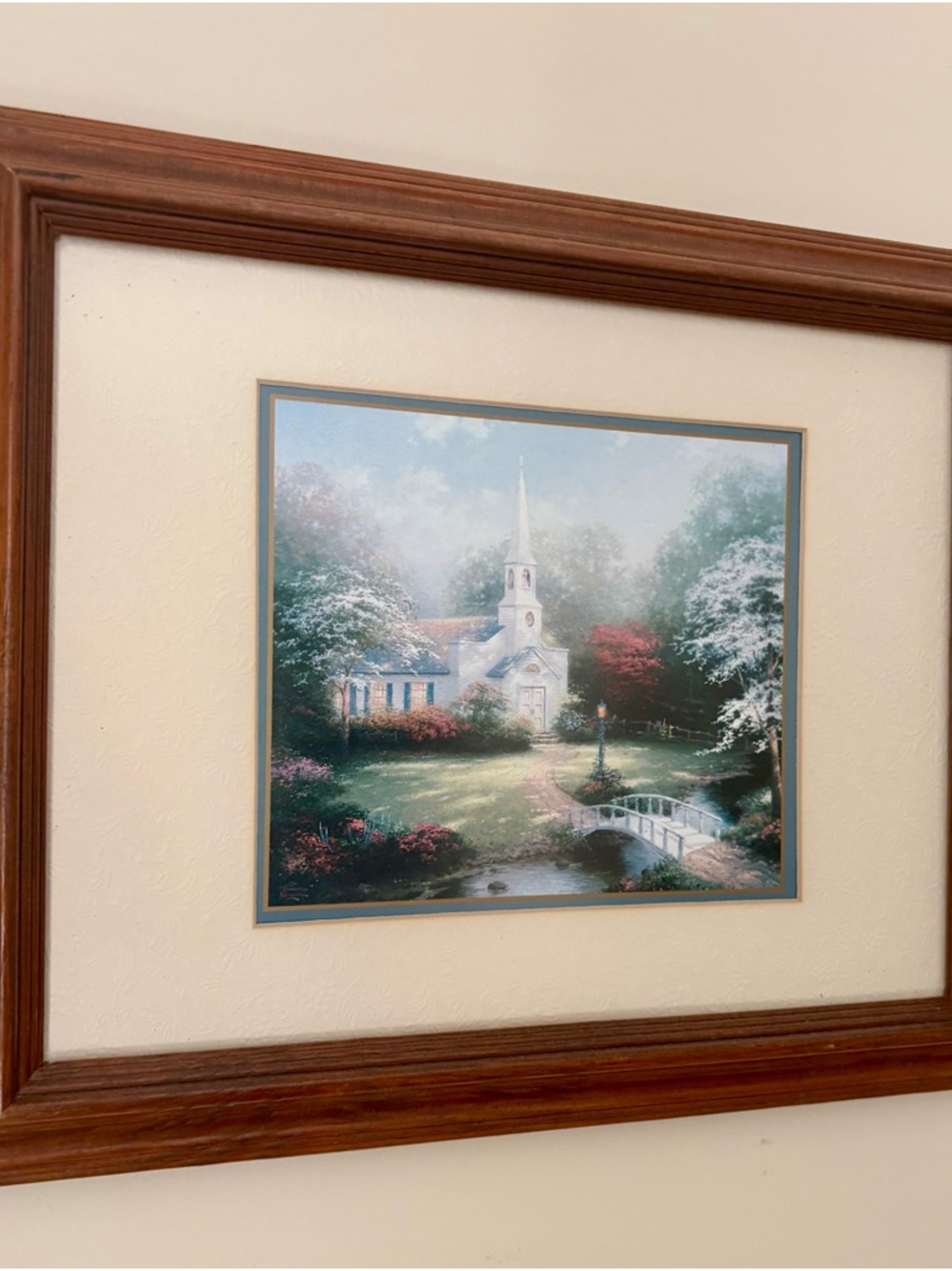 Vintage Framed Church Landscape Wall Art in Green and Blue
